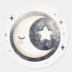 Sticker Rond Aquarelle Cute Crescent Moon et Stars