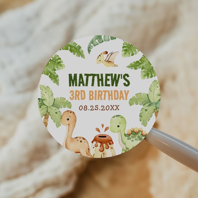 Sticker Rond Aquarelle Cute Dinosaur Vert 3e anniversaire (Créateur téléchargé)