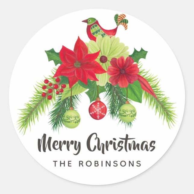 Sticker Rond Aquarelle d'art populaire Noël floral (Devant)