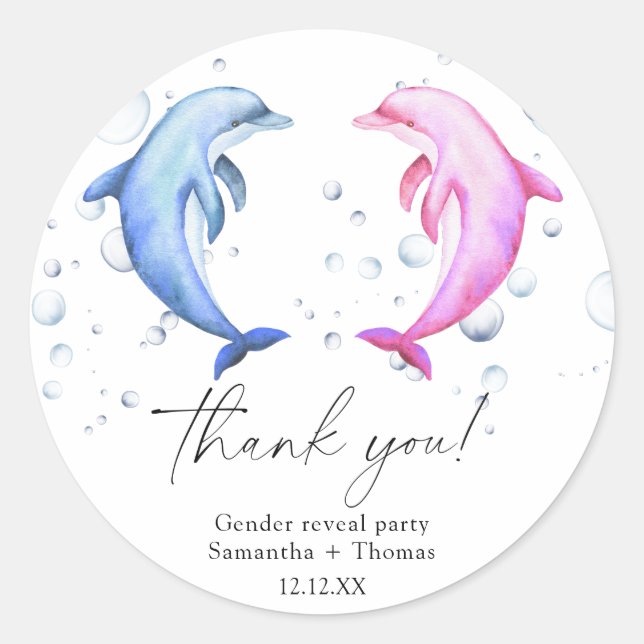 Sticker Rond Aquarelle Dauphins Genre Révéler Merci (Devant)