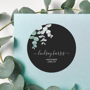 Sticker Rond Aquarelle de bijoux Eucalyptus Noir