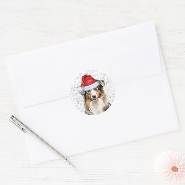 Sticker Rond Aquarelle de chien berger australien Père Noël (Enveloppe)