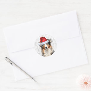 Sticker Rond Aquarelle de chien berger australien Père Noël