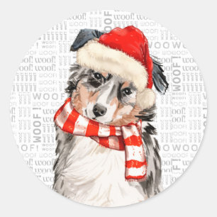 Sticker Rond Aquarelle de chien berger australien Père Noël
