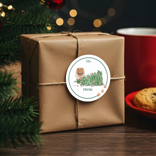 Sticker Rond Aquarelle de chien coquin Chow Chow Knoked Tree ov (Naughty Dog Watercolor Chow Chow Knocked Tree Over Classic Round Sticker)