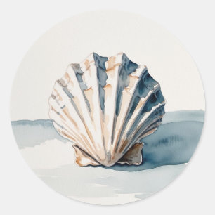 Sticker Rond Aquarelle de coquille de saint Jacques - Bleu côti