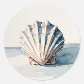 Sticker Rond Aquarelle de coquille de saint Jacques - Bleu côti