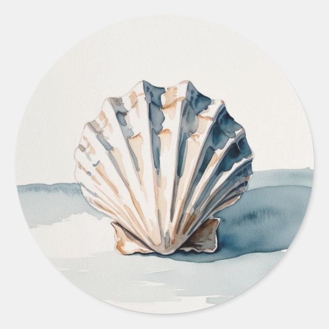 Sticker Rond Aquarelle de coquille de saint Jacques - Bleu côti (Devant)
