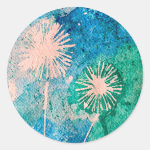 Sticker Rond Aquarelle de Dandelion bleu et vert abstrait