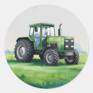 Sticker Rond Aquarelle de ferme de tracteurs verts