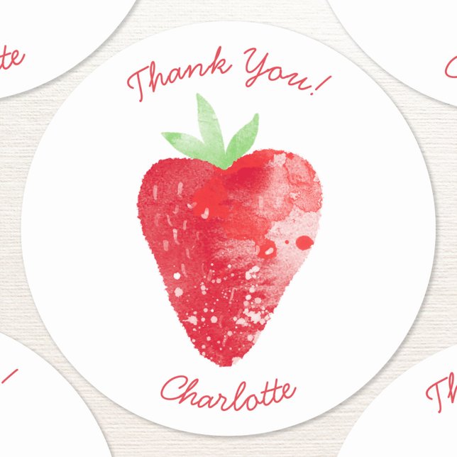 Sticker Rond Aquarelle de fraise Merci personnalisé (Fresh watercolor strawberry art personalized custom text thank you sticker)