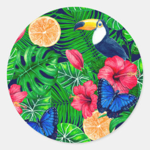 Sticker Rond Aquarelle de jardin toucan et tropical