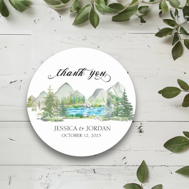 Sticker Rond Aquarelle de la rivière Mountain Forest Mariage ru (Créateur téléchargé)