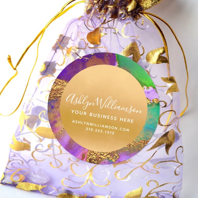 Sticker Rond Aquarelle de marbre moderne violet or vert script (Créateur téléchargé)