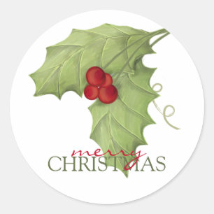 Sticker Rond Aquarelle de Noël Elégante verdure Holly Berry