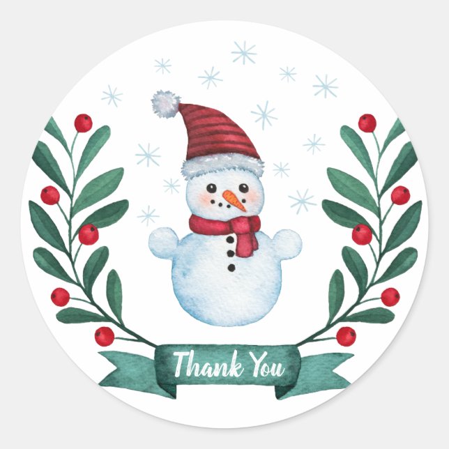 Sticker Rond Aquarelle de Noël Merci Snowman (Devant)