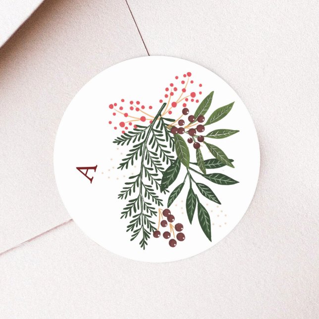 Sticker Rond Aquarelle de Noël Monogram Poinsettia (Créateur téléchargé)