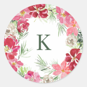 Sticker Rond Aquarelle de Noël Monogramme initial