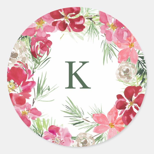 Sticker Rond Aquarelle de Noël Monogramme initial (Devant)