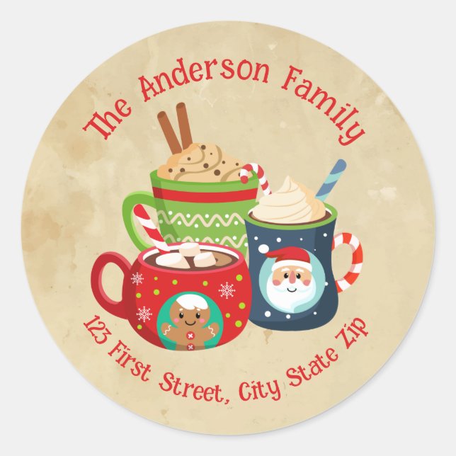 Sticker Rond Aquarelle de Noël Mug Coca Chocolat mignonne (Devant)