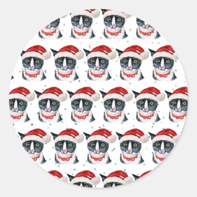 Sticker Rond Aquarelle de Noël Noir et Blanc Chat (Devant)