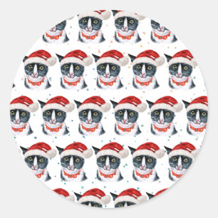 Sticker Rond Aquarelle de Noël Noir et Blanc Chat