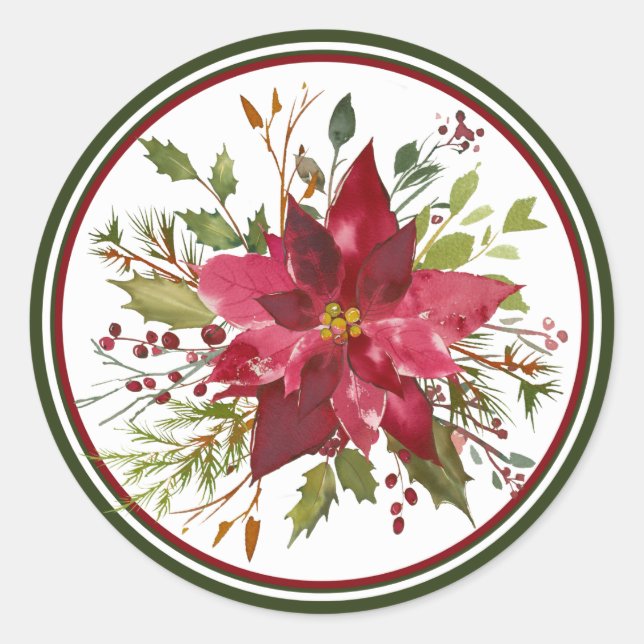 Sticker Rond Aquarelle de Noël Poinsettia (Devant)