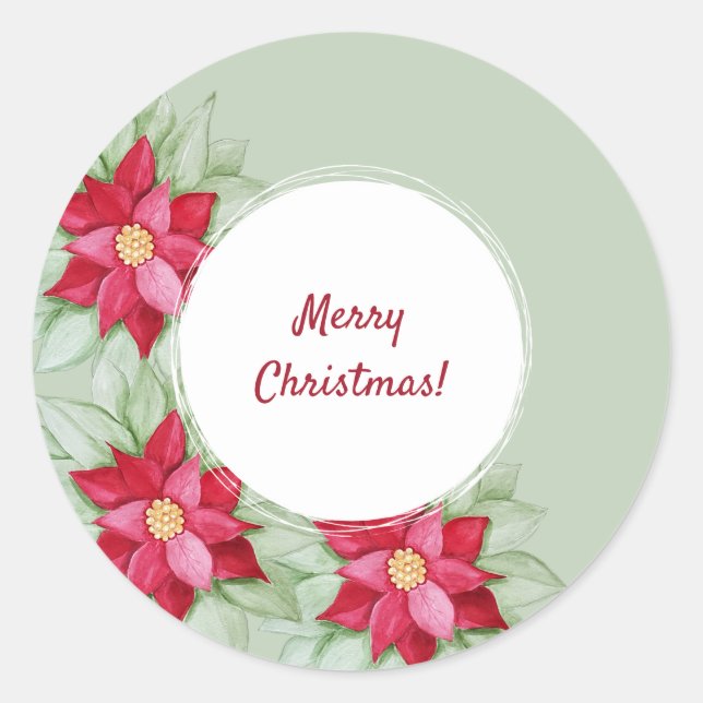 Sticker Rond Aquarelle de Noël Poinsettia Peinte à la main (Devant)