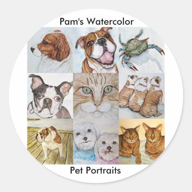 Sticker Rond Aquarelle de Pam, Portraits pour animaux (Devant)