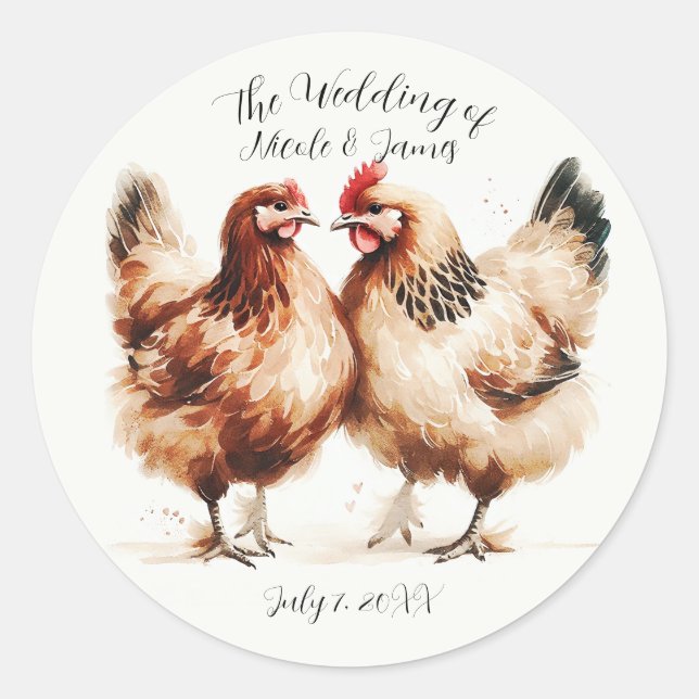Sticker Rond Aquarelle de poulet Brown Mariage rustique (Devant)