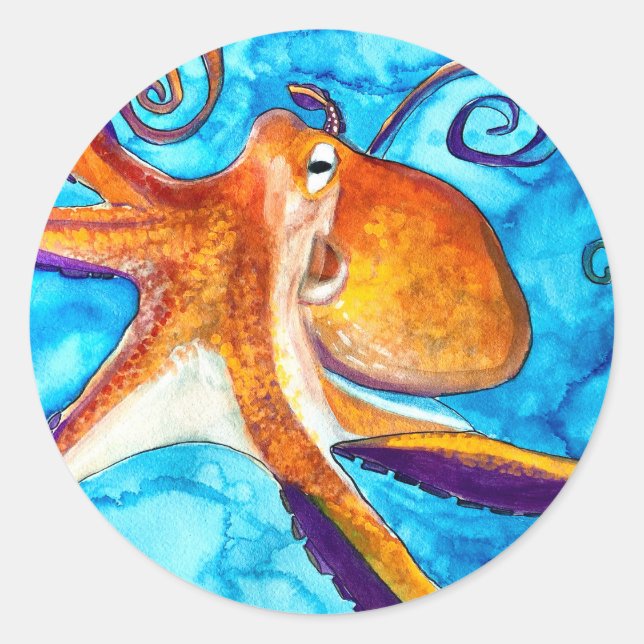 Sticker Rond Aquarelle de poulpe sous l'art marin (Devant)