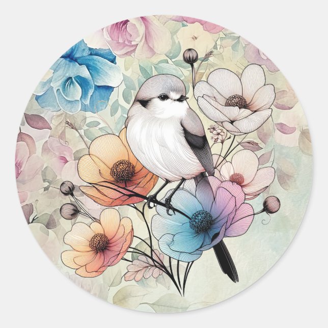 Sticker Rond Aquarelle de printemps mignonne Pastel Oiseau flor (Devant)