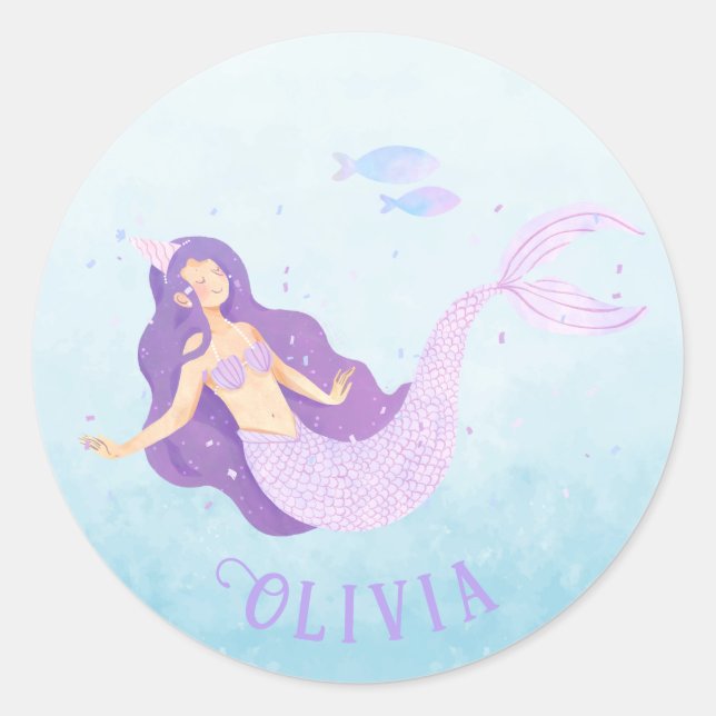 Sticker Rond Aquarelle de sirène mauve mauve fille Anniversaire (Devant)