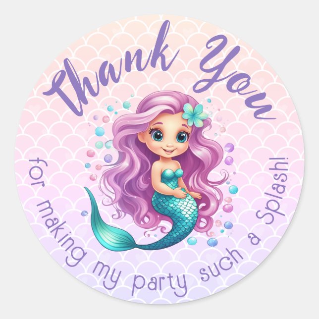 Sticker Rond Aquarelle de sirène Turquoise violet Merci Favoris (Devant)