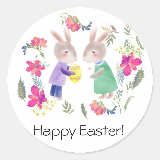 Sticker Rond Aquarelle délicate lapin et oeuf de Pâques (Devant)