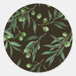 Sticker Rond Aquarelle des branches d'olive en noir