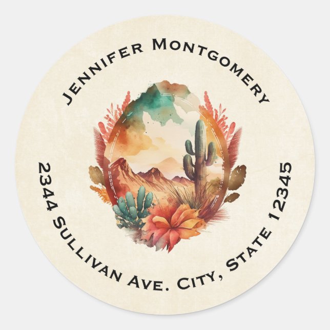 Sticker Rond Aquarelle Desert Cactus and Mounts Adresse (Devant)