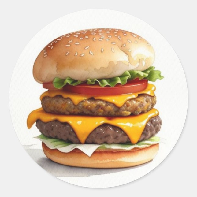 Sticker Rond Aquarelle Dessin de Cheeseburger (Devant)