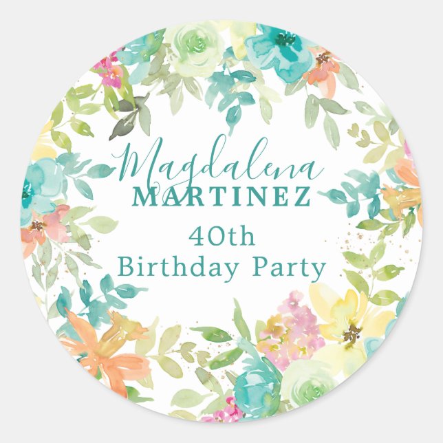 Sticker Rond Aquarelle d'été Floral Custom 40e anniversaire (Devant)
