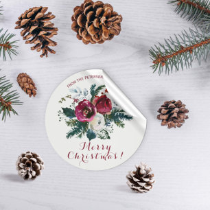 Sticker Rond Aquarelle d'hiver bouquet de pivoines rouges Noël