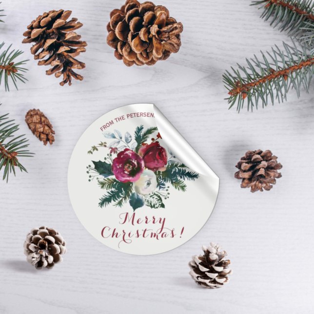 Sticker Rond Aquarelle d'hiver bouquet de pivoines rouges Noël (Créateur téléchargé)