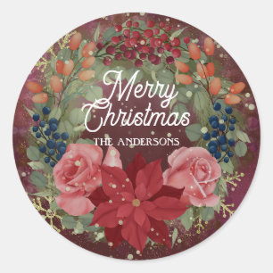 Sticker Rond Aquarelle d'hiver fleurie couronne poinsettia roug