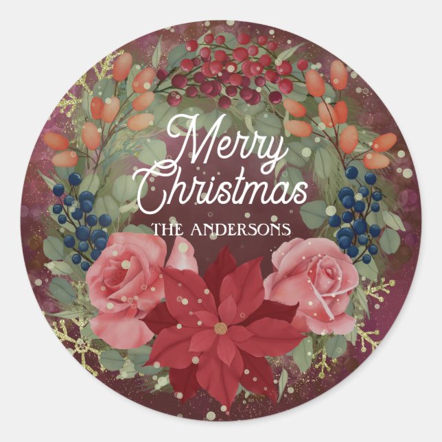 Sticker Rond Aquarelle d'hiver fleurie couronne poinsettia roug (Devant)