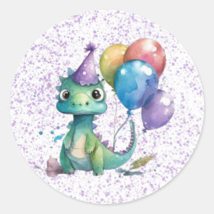 Sticker Rond Aquarelle Dinosaure Ballons Fille fête d'anniversa