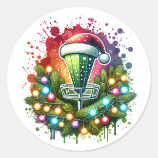 Sticker Rond Aquarelle Disque Golf Thème Noël