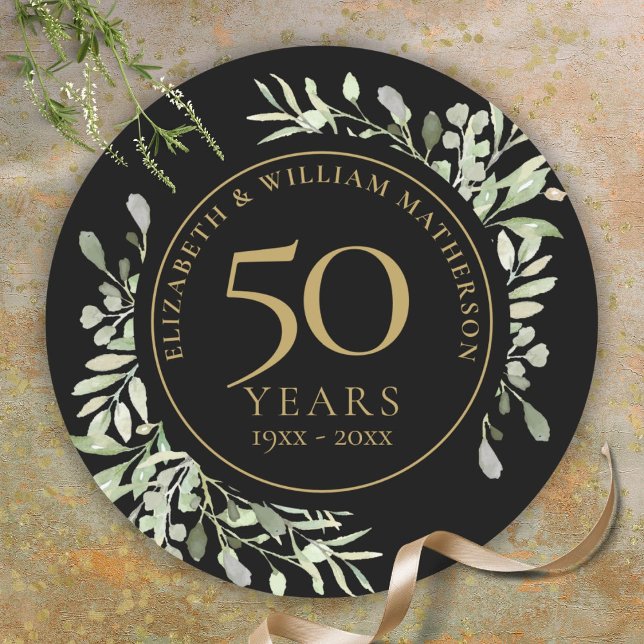 Sticker Rond Aquarelle d'or noir Vert 50e anniversaire (Black Gold Watercolour Greenery 50th Anniversary Classic Round Sticker)