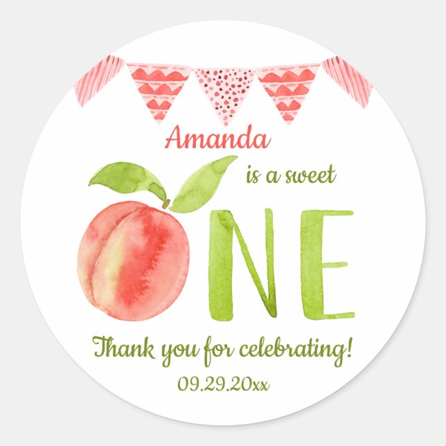 Sticker Rond Aquarelle Douce Comme Une Pêche Premier Anniversai (Devant)