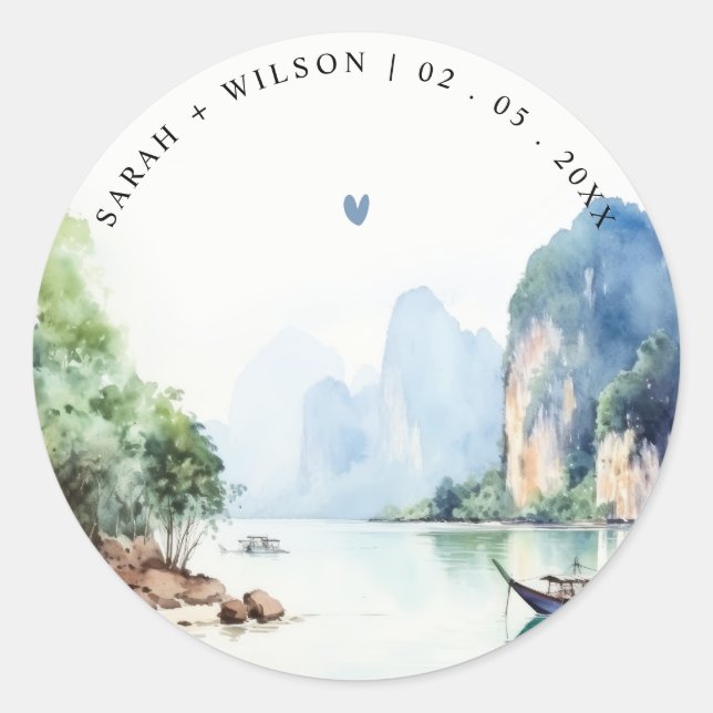 Sticker Rond Aquarelle douce Côte Thaïlande Mariage marin (Devant)