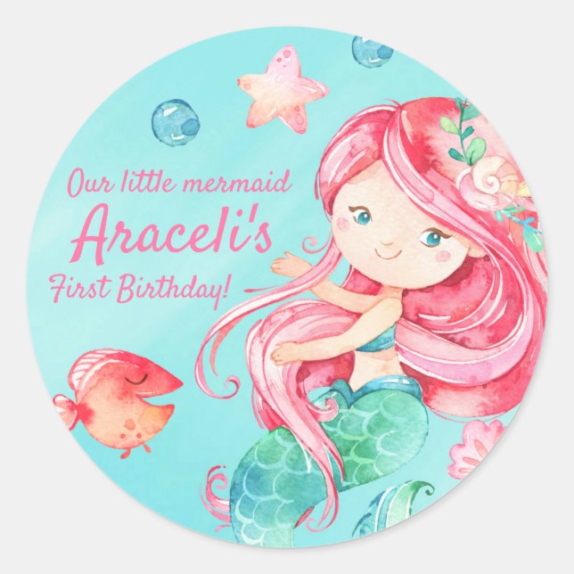 Sticker Rond Aquarelle douce sous la mer Fille sirène (Devant)