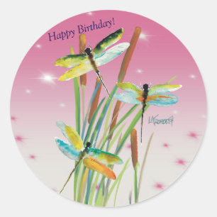 Sticker Rond Aquarelle Dragonfly Rose Stationpersonnalisée